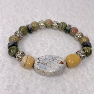 Unakite agate labradorite silver beaded bracelet unisex